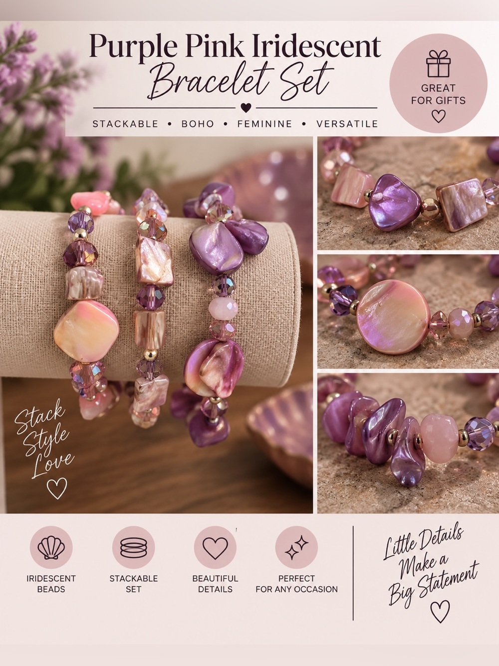 3pc Purple Pink Iridescent Stretch Bracelet Set